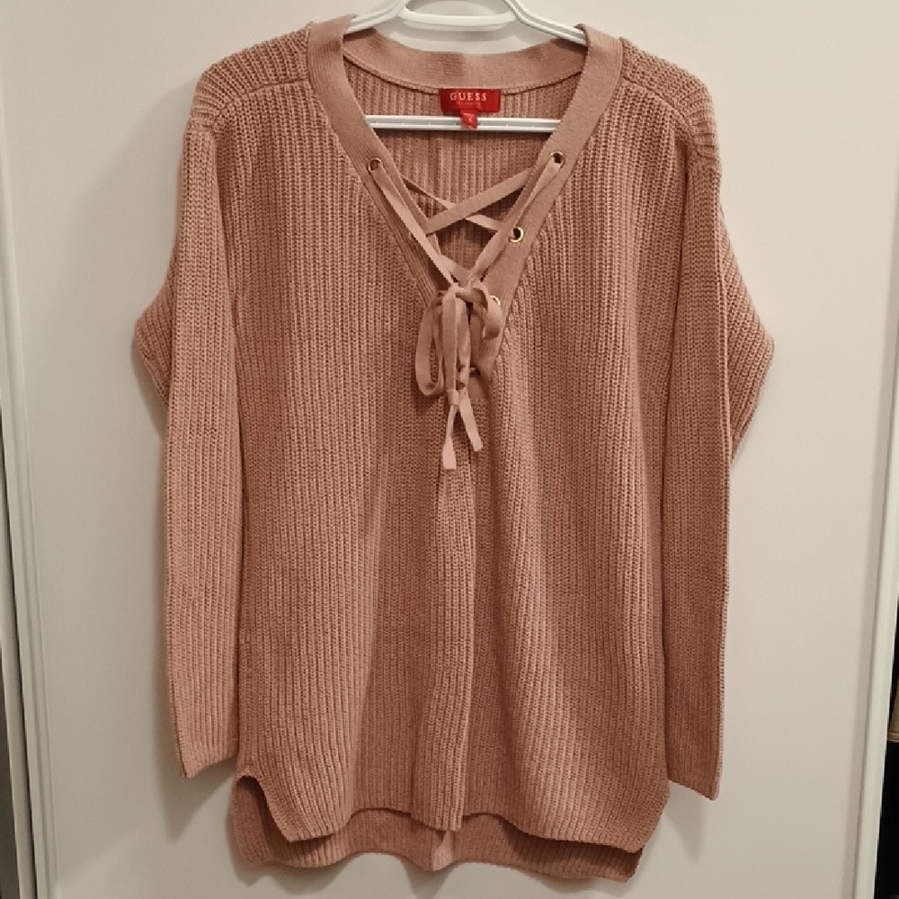 2/$20 Guess Blush Lace-Up Knit Sweater Tunic M